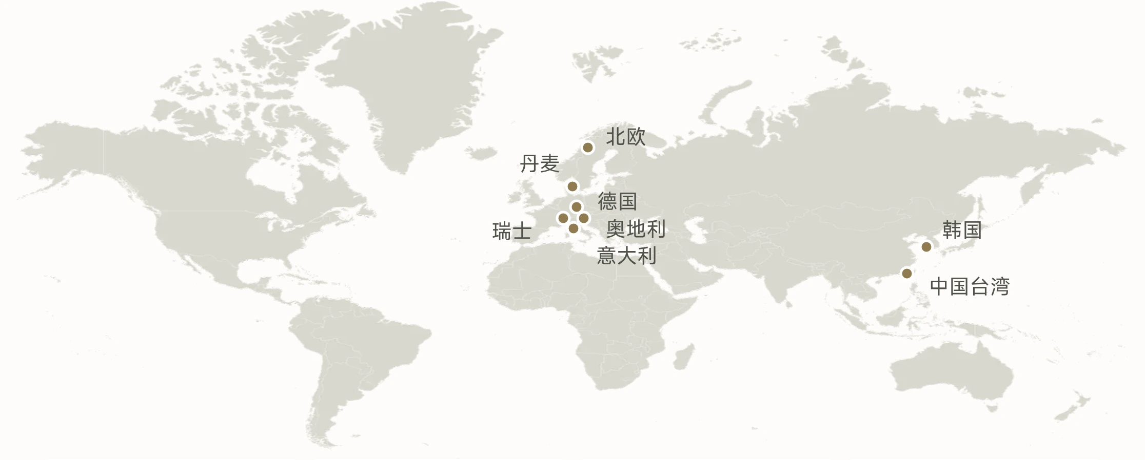 BookLove 全球供应来源地图，标注北欧、丹麦、德国、瑞士、奥地利、意大利、韩国与中国台湾